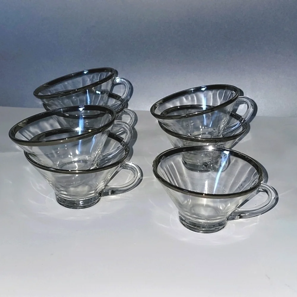 Vintage thin silver rim punch bowl glasses cups with handles